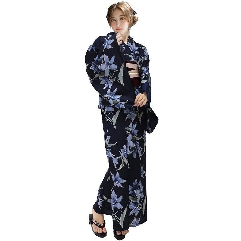 【新品】 [Aletta domani] 浴衣 レディース 変わり織 二部式 セパレート浴衣 リバーシブル帯 3way 高見え 2点セット(浴衣、半幅帯 リバーシブル) レディース 古典柄 花火大会 L サイズ 藍風花（紺色）