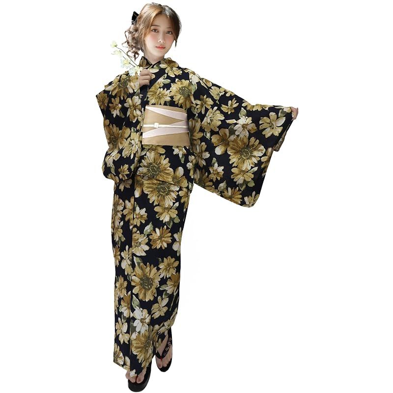 【新品】 [Aletta domani] 浴衣 レディース 変わり織 二部式 セパレート浴衣 リバーシブル帯 3way 高見え 2点セット(浴衣、半幅帯 リバーシブル) レディース 古典柄 花火大会 L サイズ 宵向日（黒黄色）