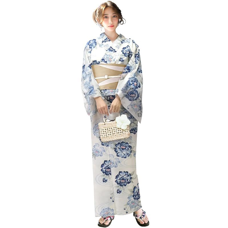 【新品】 [Aletta domani] 浴衣 レディース 2点セット 浴衣帯 セット 半幅帯 リバーシブル 綿100％ 古典柄 花火大会 川音牡丹 オフホワイト ベージュ