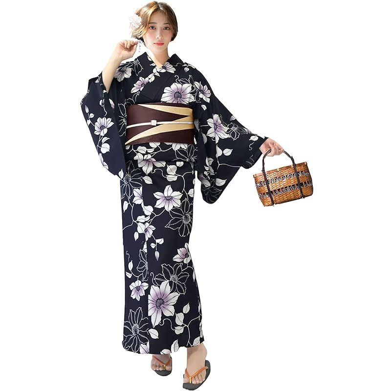 【新品】 [Aletta domani] 浴衣 レディース 2点セット 浴衣帯 セット 高見え 半幅帯 リバーシブル 綿100％ 簡単 モダン レトロ 可愛い 古典柄 花火大会 星結いクレマチス 紺 ブラウン 黒
