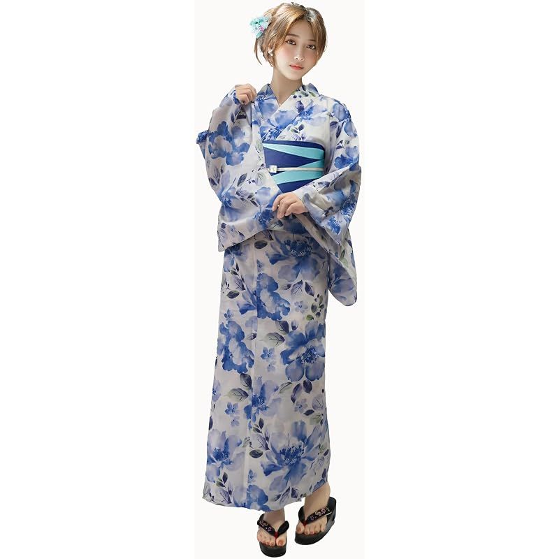 【新品】 [Aletta domani] 浴衣 レディース 2点セット 浴衣帯 セット 半幅帯 リバーシブル 綿100％ 古典柄 花火大会 水藍牡丹 ブルー 水色 7,457円