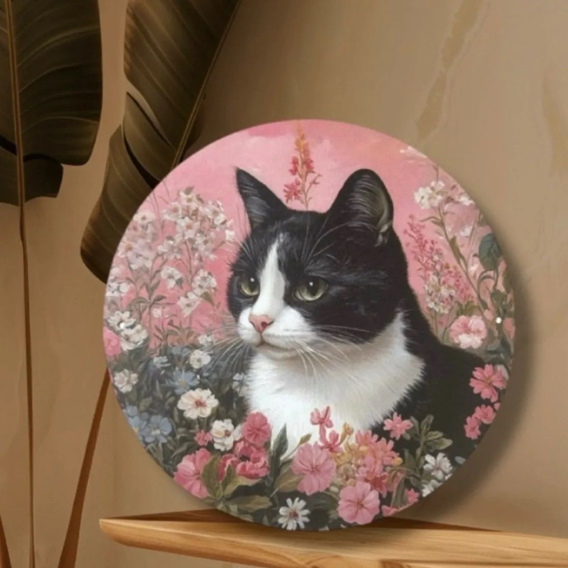 新品 ハチワレ猫 メタルサイン 丸型 壁掛け インテリア 猫雑貨 猫
