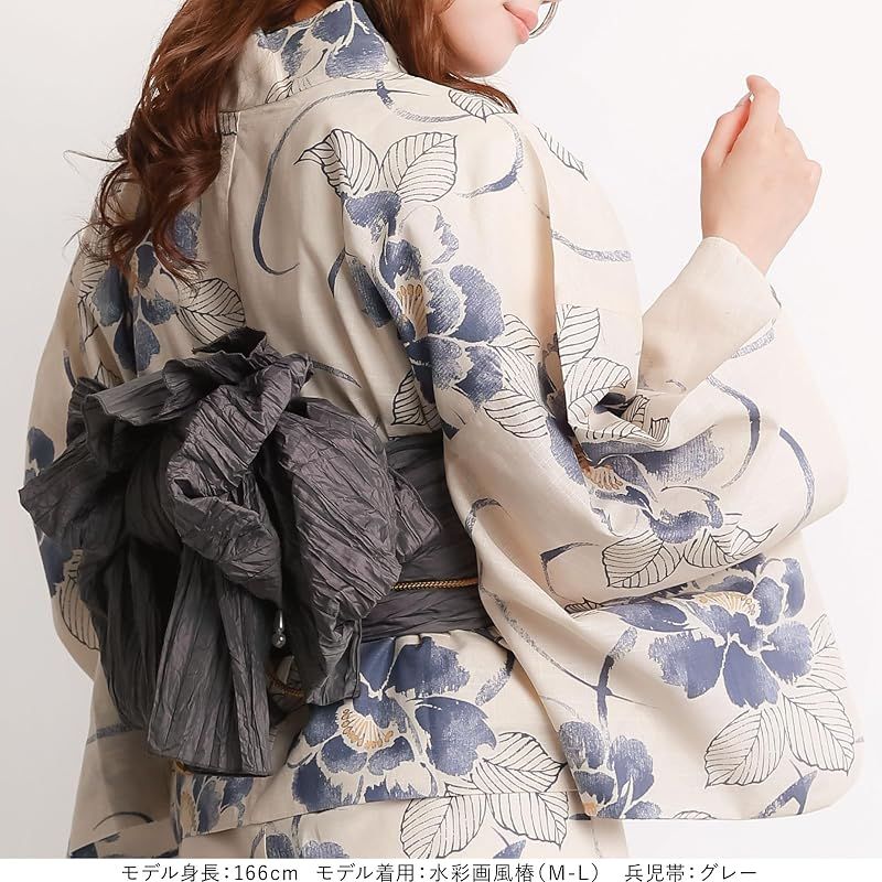 【新品】 [ON NISHIKI] 浴衣 レディース セパレート (ワンピース＋上衣＋帯) 3点セット 綿100％ 変わり織 (ML/LL) 選べるサイズ 簡単着付け 2WAY 二部式 兵児帯 大人用 レトロ 和柄 大きいサイズ (兵児帯:ｸﾞﾚｰ_水彩画風椿