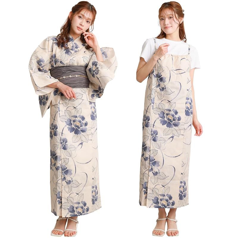 【新品】 [ON NISHIKI] 浴衣 レディース セパレート (ワンピース＋上衣＋帯) 3点セット 綿100％ 変わり織 (ML/LL) 選べるサイズ 簡単着付け 2WAY 二部式 兵児帯 大人用 レトロ 和柄 大きいサイズ (兵児帯:ｸﾞﾚｰ_水彩画風椿