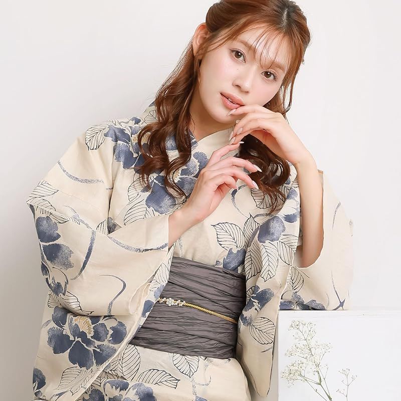 【新品】 [ON NISHIKI] 浴衣 レディース セパレート (ワンピース＋上衣＋帯) 3点セット 綿100％ 変わり織 (ML/LL) 選べるサイズ 簡単着付け 2WAY 二部式 兵児帯 大人用 レトロ 和柄 大きいサイズ (兵児帯:ｸﾞﾚｰ_水彩画風椿