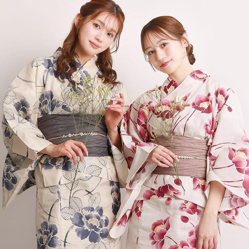 【新品】 [ON NISHIKI] 浴衣 レディース セパレート (ワンピース＋上衣＋帯) 3点セット 綿100％ 変わり織 (ML/LL) 選べるサイズ 簡単着付け 2WAY 二部式 兵児帯 大人用 レトロ 和柄 大きいサイズ (兵児帯:ｸﾞﾚｰ_水彩画風椿