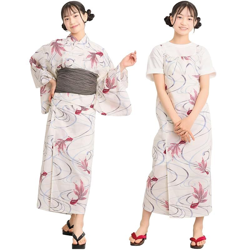 【新品】 [ON NISHIKI] 浴衣 子供 キッズ 女の子 セパレート (ワンピース＋上衣＋帯) 3点セット 綿100％ 変わり織 (140cm/150cm/160cm) ジュニア 簡単着付け 2WAY 二部式 兵児帯 レトロ 和柄 (兵児帯:ｸﾞﾚｰ_金