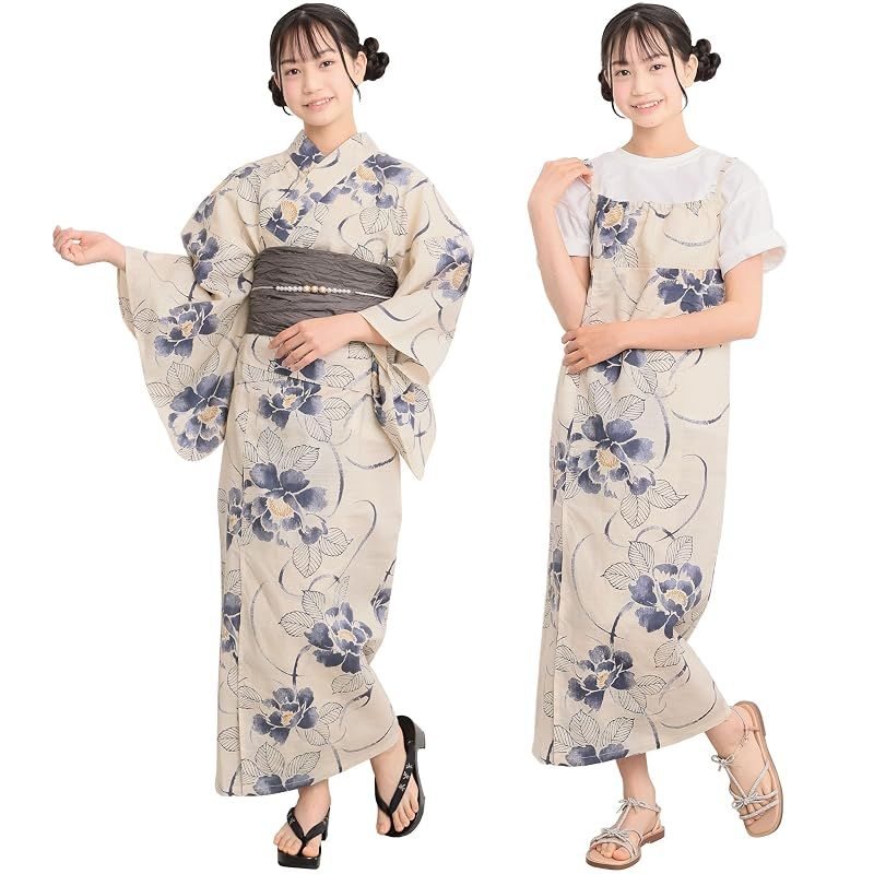 【新品】 [ON NISHIKI] 浴衣 子供 キッズ 女の子 セパレート (ワンピース＋上衣＋帯) 3点セット 綿100％ 変わり織 (140cm/150cm/160cm) ジュニア 簡単着付け 2WAY 二部式 兵児帯 レトロ 和柄 (兵児帯:ｸﾞﾚｰ_水