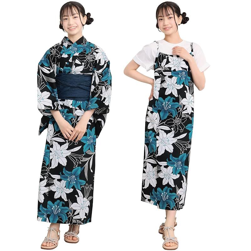 【新品】 [ON NISHIKI] 浴衣 子供 キッズ 女の子 セパレート (ワンピース＋上衣＋帯) 3点セット 綿100％ 変わり織 (140cm/150cm/160cm) ジュニア 簡単着付け 2WAY 二部式 兵児帯 レトロ 和柄 (兵児帯:ﾈｲﾋﾞｰ_