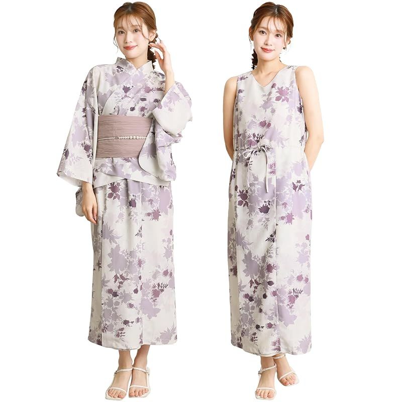 【新品】 [ON NISHIKI] 浴衣 レディース セパレート (ワンピース＋上衣＋帯) 3点セット 簡単着付け 吸水速乾 CoolPass素材 2WAY 二部式 兵児帯 大人用 フリーサイズ (ｸﾞﾚｰｱｲﾎﾞﾘｰに芍薬-11B/kww001)