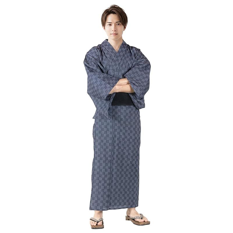 【新品】 [キョウエツ] 浴衣 メンズ セット ゆかた 男性 黒 紺 おしゃれ 綿 しじら C 4点セット (M, 18.市松×紺(ワンタッチ黒))