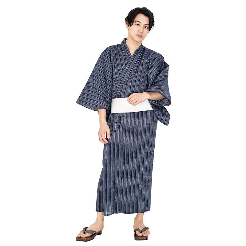 【新品】 [キョウエツ] 浴衣 メンズ セット ゆかた 男性 黒 紺 おしゃれ C 4点セット (M, C-16.滝縞×紺(ワンタッチ角帯 白))