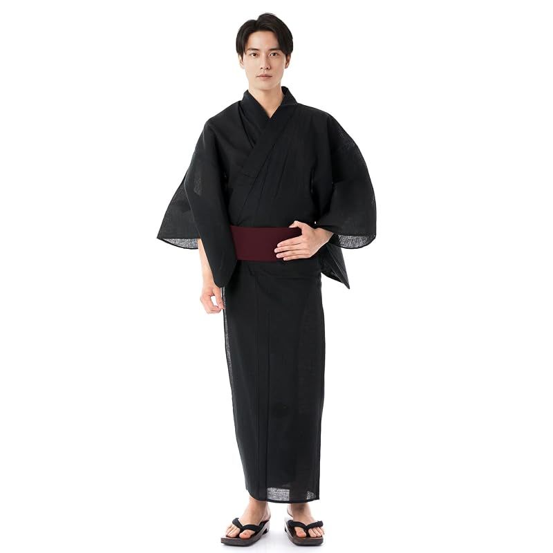 【新品】 [キョウエツ] 浴衣 メンズ セット ゆかた 男性 黒 紺 おしゃれ 綿 しじら C 4点セット (L, 7.無地×黒(ワンタッチ紫))