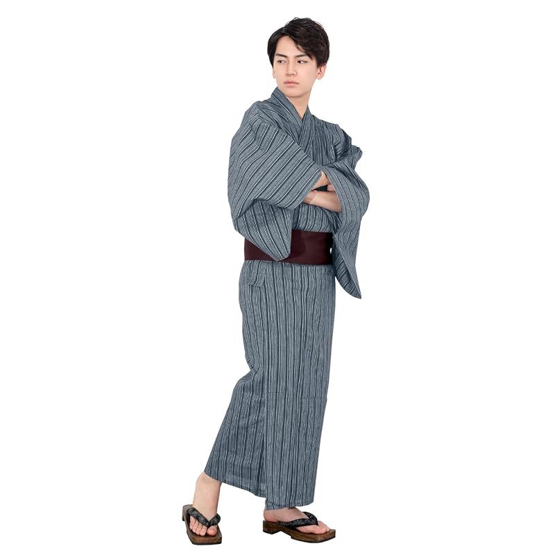 【新品】 [キョウエツ] 浴衣 メンズ セット ゆかた 男性 黒 紺 おしゃれ C 4点セット (M, C-25.滝縞×藍(ワンタッチ角帯 紫))