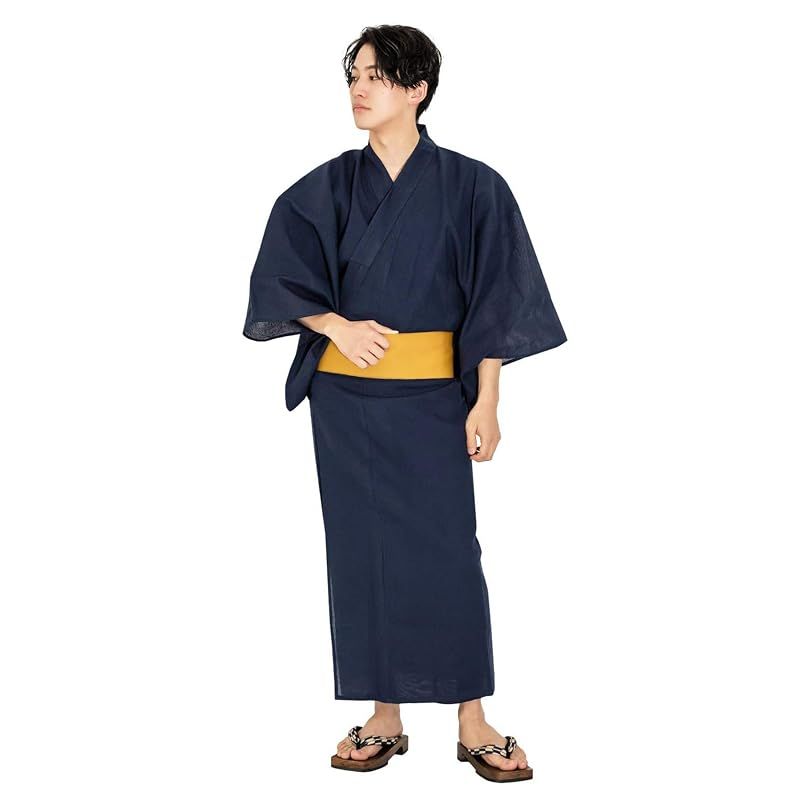 【新品】 [キョウエツ] 浴衣 メンズ セット ゆかた 男性 黒 紺 おしゃれ 綿 しじら C 4点セット (L, 8.無地×紺(ワンタッチ金))