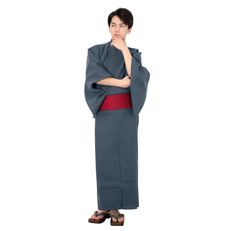 【新品】 [キョウエツ] 浴衣 メンズ セット ゆかた 男性 黒 紺 おしゃれ C 4点セット (L, C-23.無地×藍(ワンタッチ角帯 赤))