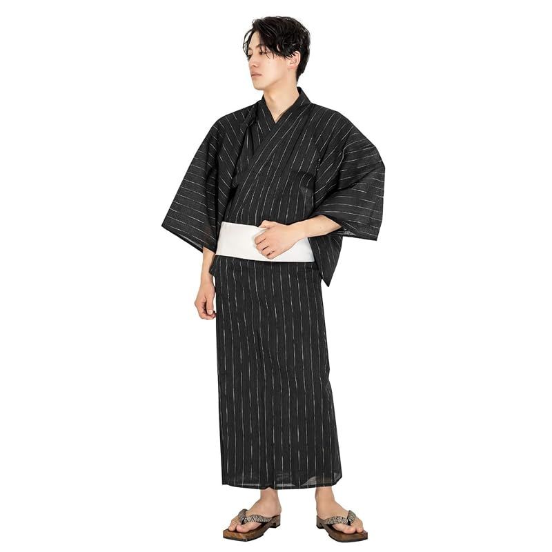 【新品】 [キョウエツ] 浴衣 メンズ セット ゆかた 男性 黒 紺 おしゃれ 綿 しじら C 4点セット (LL, 10.縞×黒(ワンタッチ白))
