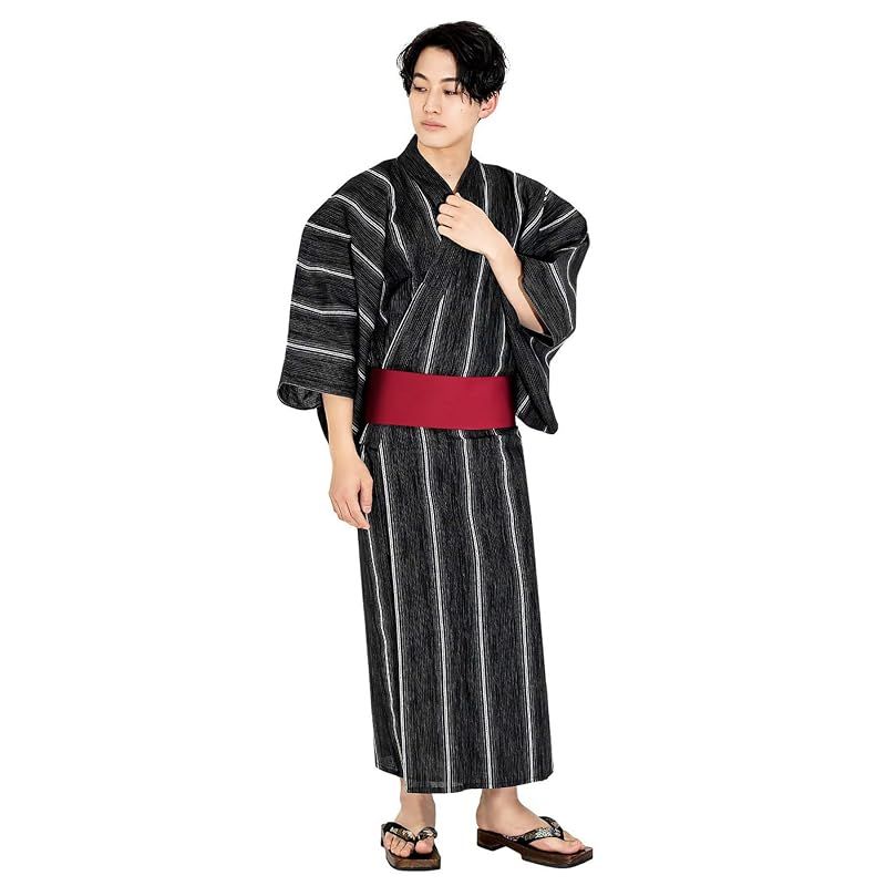 【新品】 [キョウエツ] 浴衣 メンズ セット ゆかた 男性 黒 紺 おしゃれ 綿 しじら C 4点セット (LL, 4.変わり縞×黒(ワンタッチ赤))