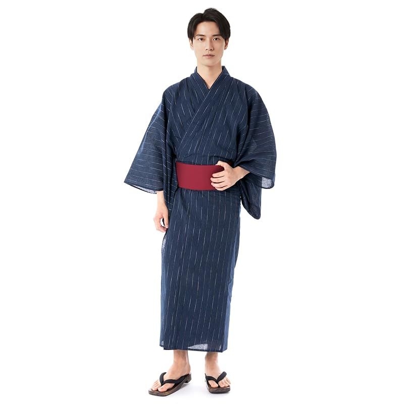 【新品】 [キョウエツ] 浴衣 メンズ セット ゆかた 男性 黒 紺 おしゃれ 綿 しじら C 4点セット (LL, 11.縞×紺(ワンタッチ赤))