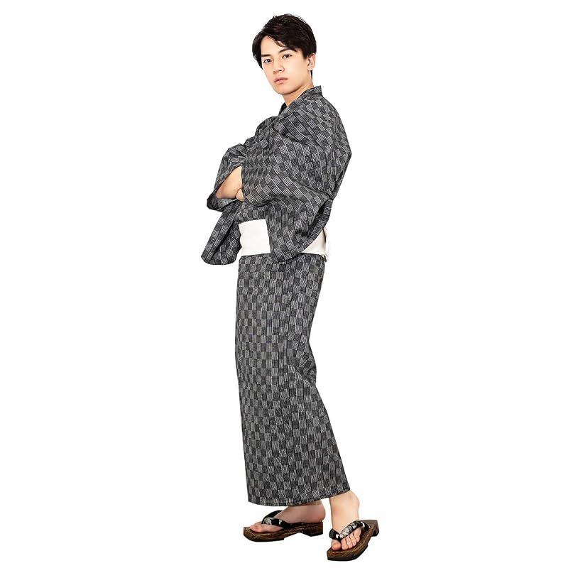 【新品】 [キョウエツ] 浴衣 メンズ セット ゆかた 男性 黒 紺 おしゃれ C 4点セット (LL, C-17.市松×黒(ワンタッチ角帯 白))