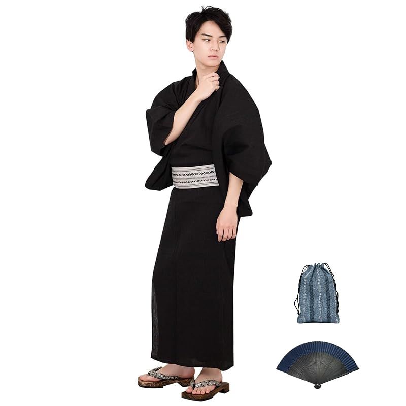 【新品】 [KYOETSU] [キョウエツ] 浴衣 メンズ セット ゆかた 男性 - 大きいサイズ 黒 紺 グレー 帯 下駄 腰紐 巾着 綿 麻 無地 おしゃれ G 6点 フルセット (M, G-1.黒(ワンタッチ角帯 灰))
