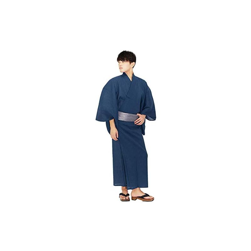 【新品】 [KYOETSU] [キョウエツ] 浴衣 メンズ セット ゆかた 男性 - 大きいサイズ 黒 紺 グレー 帯 下駄 腰紐 巾着 綿 麻 無地 おしゃれ G 6点 フルセット (M, G-10.青(兵児帯 灰))