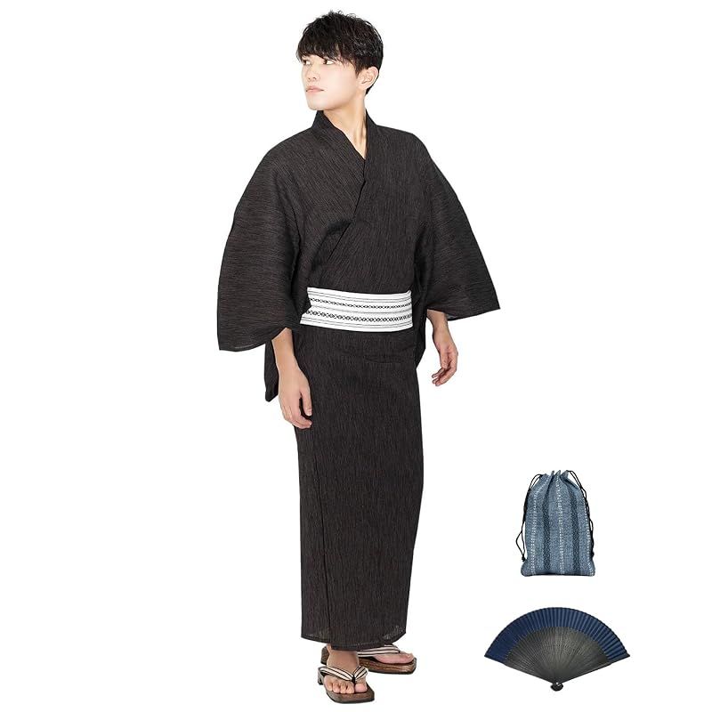 【新品】 [KYOETSU] [キョウエツ] 浴衣 メンズ セット ゆかた 男性 - 大きいサイズ 黒 紺 グレー 帯 下駄 腰紐 巾着 綿 麻 無地 おしゃれ G 6点 フルセット (LL, G-5.茶(ワンタッチ角帯 白))