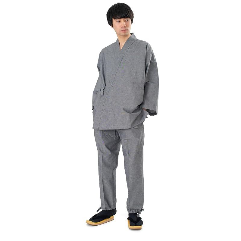 【新品】 [あい藍] メンズ 作務衣 シャンブレー 日本製 (グレー, M)