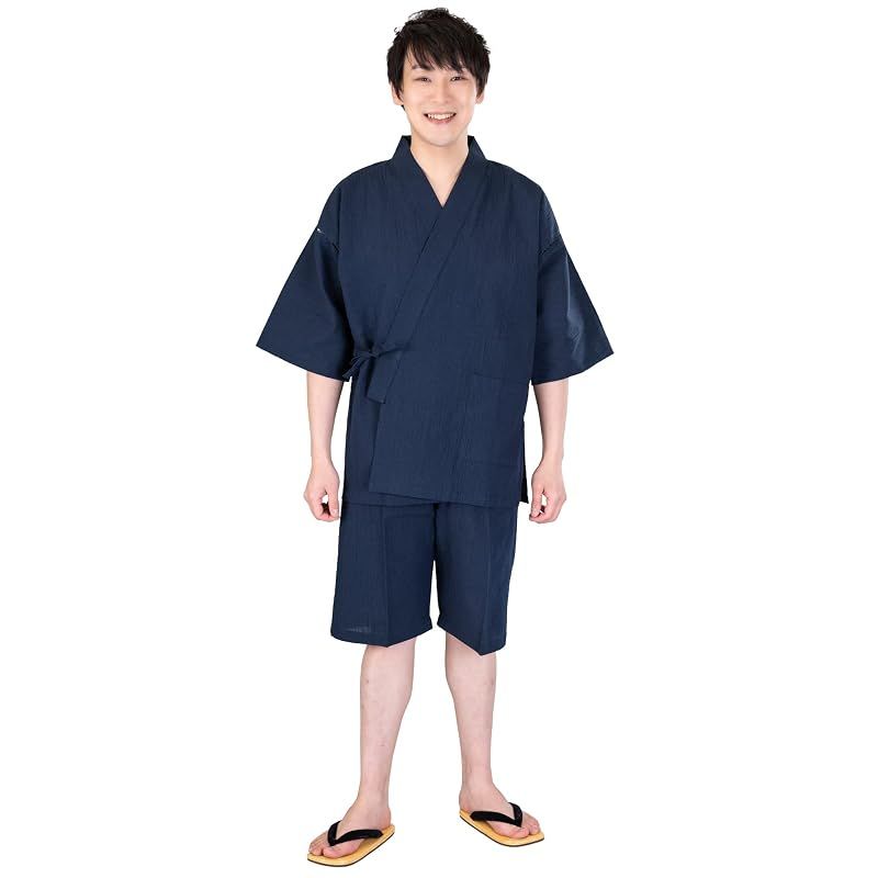 【新品】 [あい藍] 見た目も涼しい 洗える綿麻楊柳甚平 日本製 綿75％ 麻25％ (M, ダークネイビー)