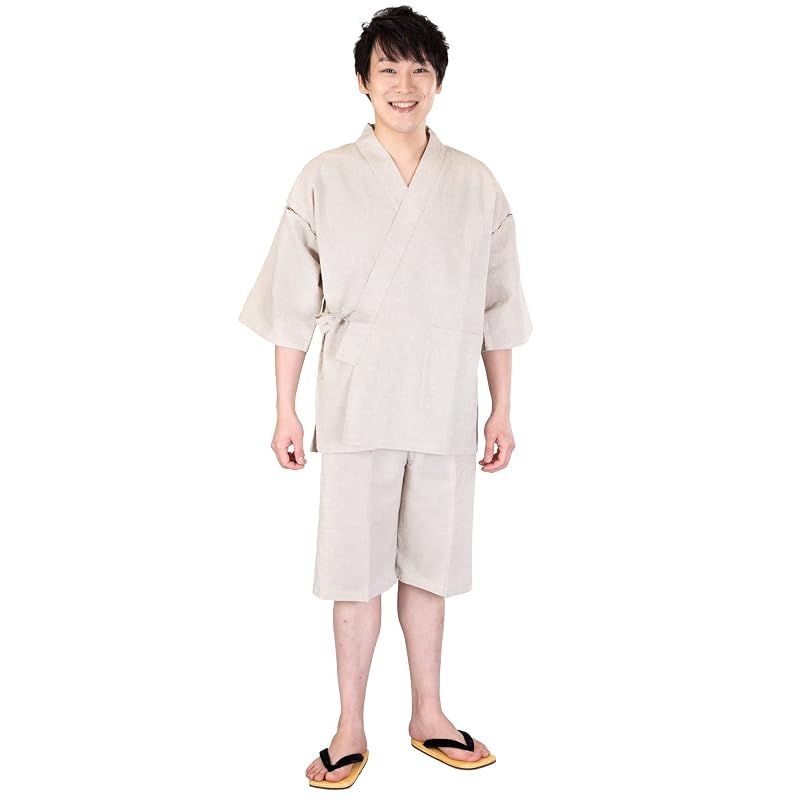 【新品】 [あい藍] 見た目も涼しい 洗える綿麻楊柳甚平 日本製 綿75％ 麻25％ (L, ベージュ)