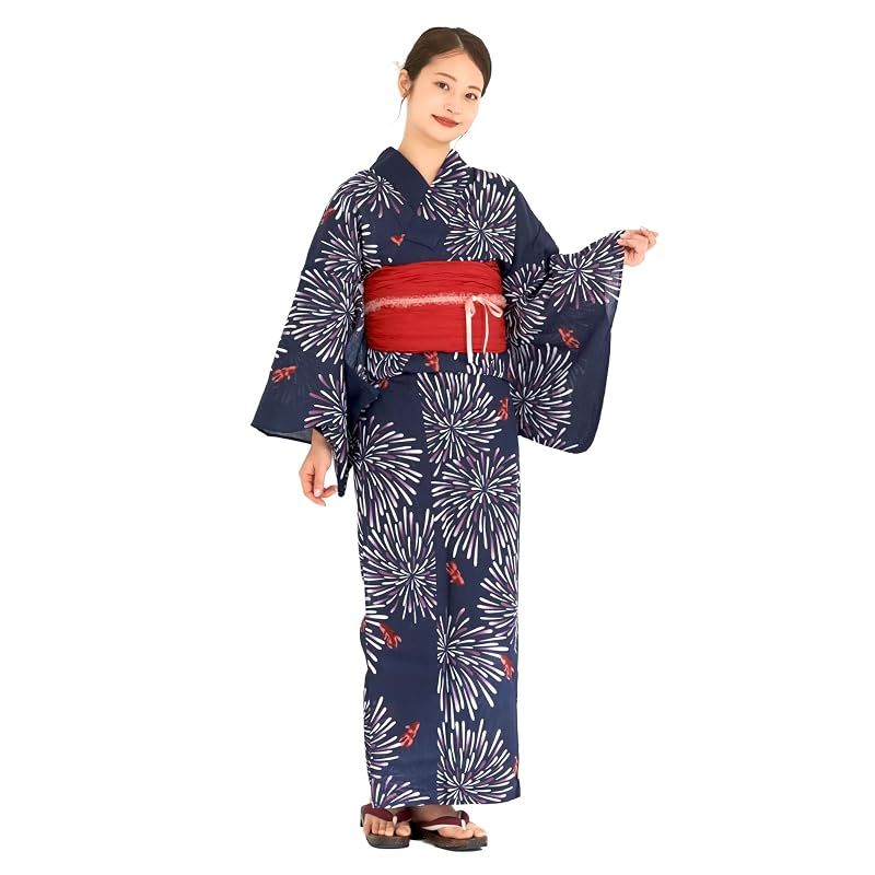 【新品】 [NISHIORI] 綿麻 レディース浴衣2点セット（浴衣＋しわ兵児帯）夏祭り 花火大会 コーディネート済み 10種類 フリーサイズ (No10, Free)