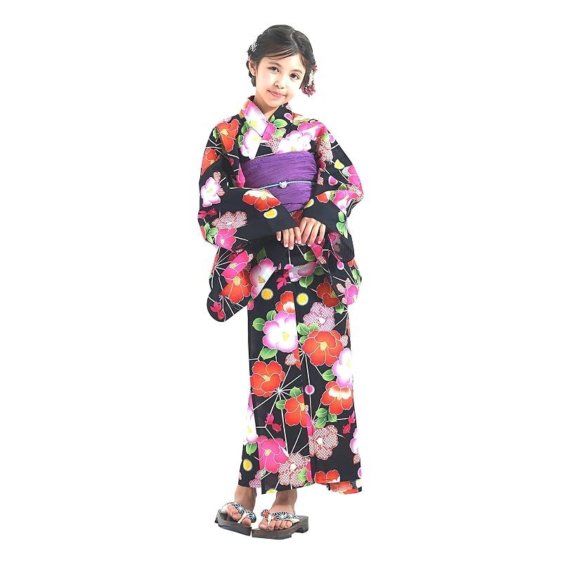 【新品】 [NISHIORI] 浴衣 子供 女の子 兵児帯 しわ兵児 和がまま 子供浴衣2点セット 選べる12柄 6サイズ 古典 浴衣 100cm/110cm/120cm/130cm/140cm/150cm (黒×椿, 150cm)
