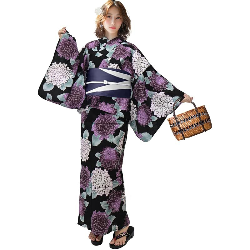 【新品】 [Aletta domani] 浴衣 レディース 変わり織 二部式 セパレート浴衣 リバーシブル帯 3way 高見え 2点セット(浴衣、半幅帯 リバーシブル) レディース 古典柄 花火大会 M サイズ 黒耀あじさい（黒色）