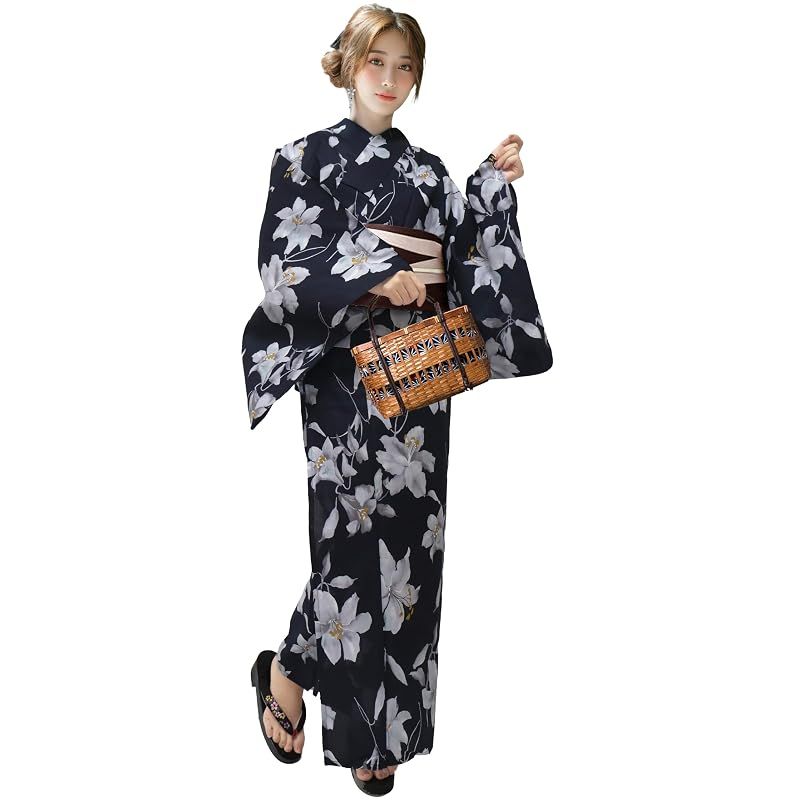 【新品】 [Aletta domani] 浴衣 レディース 変わり織 二部式 セパレート浴衣 リバーシブル帯 3way 高見え 2点セット(浴衣、半幅帯 リバーシブル) レディース 古典柄 花火大会 L サイズ 紺地白百合（紺色）
