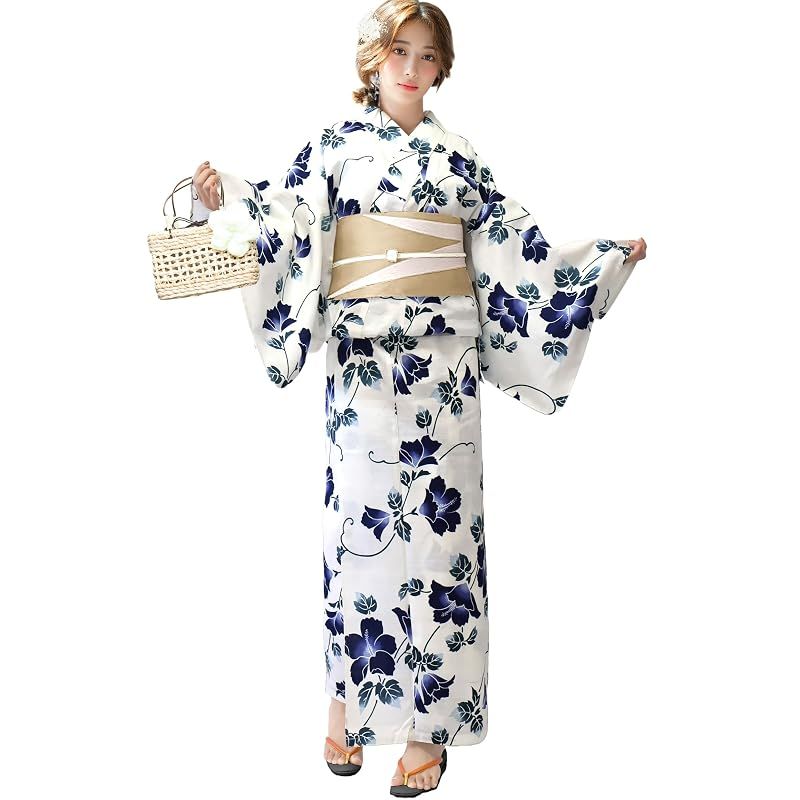 【新品】 [Aletta domani] 浴衣 レディース 2点セット 浴衣帯 セット 半幅帯 リバーシブル 綿100％ 簡単 レトロ モダン 可愛い 古典柄 花火大会 あかね芙蓉 ベージュ 白茶 黄色