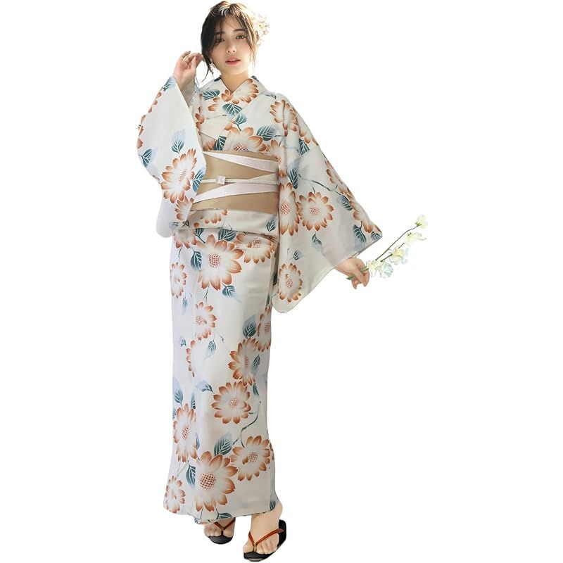 【新品】 [Aletta domani] 浴衣 レディース 2点セット 浴衣帯 セット 半幅帯 リバーシブル 綿100％ 簡単 可愛い モダン 古典柄 花火大会 彩日葵 オフホワイト ベージュ 白茶 黄色