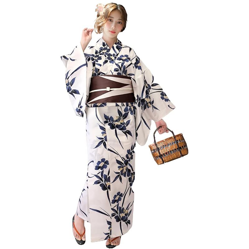 【新品】 [Aletta domani] 浴衣 レディース 2点セット 浴衣帯 セット 半幅帯 リバーシブル 綿100％ レトロ モダン 簡単 可愛い 古典柄 花火大会 藍芍薬 オフホワイト ブラウン 薄白 茶