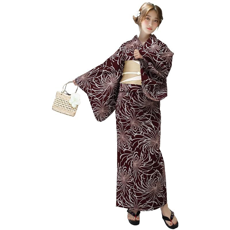 【新品】 [Aletta domani] 浴衣 レディース 2点セット 浴衣帯 セット 半幅帯 リバーシブル 綿100％ 古典柄 花火大会 宵紅菊 ベージュ アイボリー