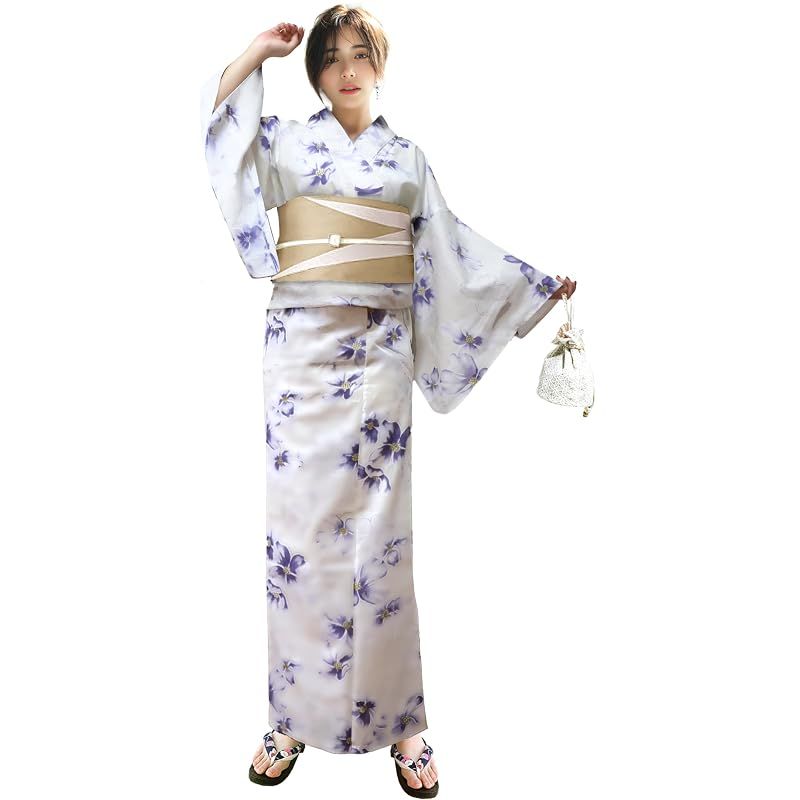 【新品】 [Aletta domani] 浴衣 レディース 2点セット 浴衣帯 セット 半幅帯 リバーシブル 綿100％ 古典柄 花火大会 花うつし オフホワイト 茶 ベージュ