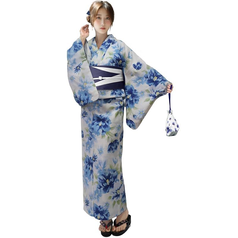 【新品】 [Aletta domani] 浴衣 レディース 2点セット 浴衣帯 セット 半幅帯 リバーシブル 綿100％ 古典柄 花火大会 藍八重椿 ブルー 紺色