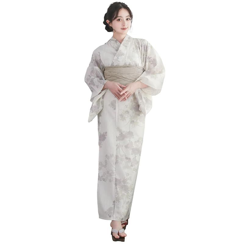 【新品】 [KYOETSU] [キョウエツ] 浴衣セット 変わり織 生成り 6点セット(浴衣、兵児帯、肌着、下駄、腰紐) レディース A (亜麻色小庭, フリーサイズ)