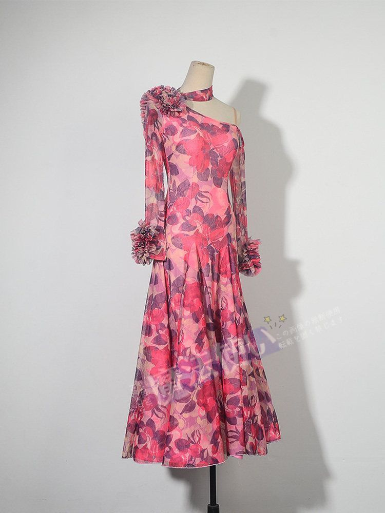 新品 社交ダンスドレス モダンダンス ワルツドレス 花柄 ヒョウ柄 フィッシュテール 大裾ドレス 競技ダンス衣装 CWF077
