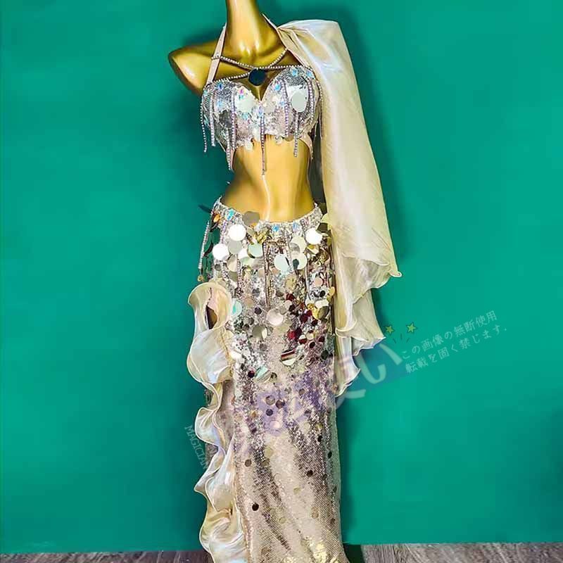 ベリーダンス ダンス衣装 セット ハロウィン コスプレ 仮装 パーティー 余興用 レッスン着 トップス スカート(インナーパンツ付き) ２点セット 社交ダンス　発表会　ラテンダンス　演出　団体 忘年会 新年会　キラキラ きらきら　ゴールド CWF284