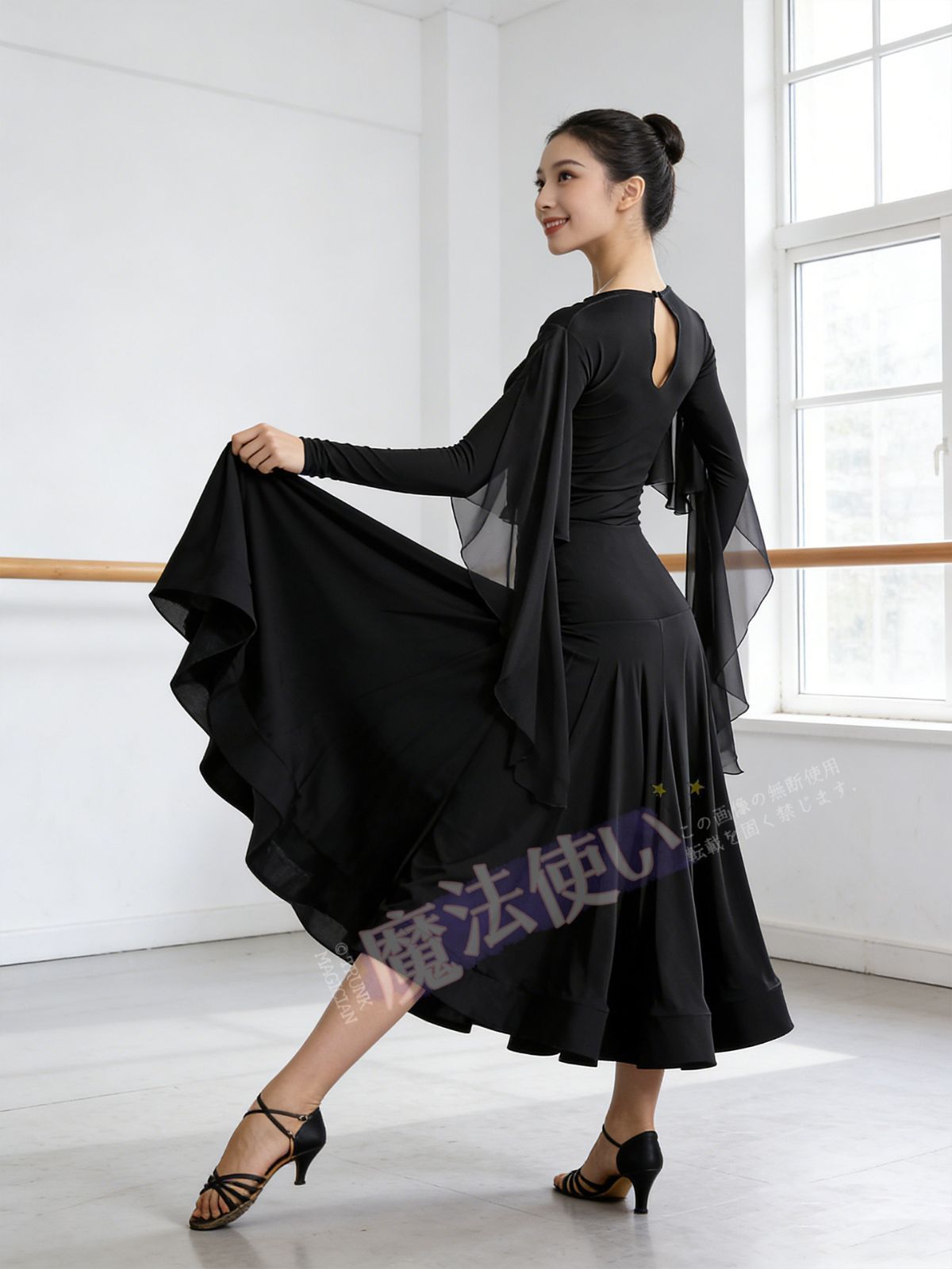 社交ダンス モダンダンス トップス フレアスリーブ シフォン袖 練習着 レッスンウェア 国際標準ダンス M～XL CWF073