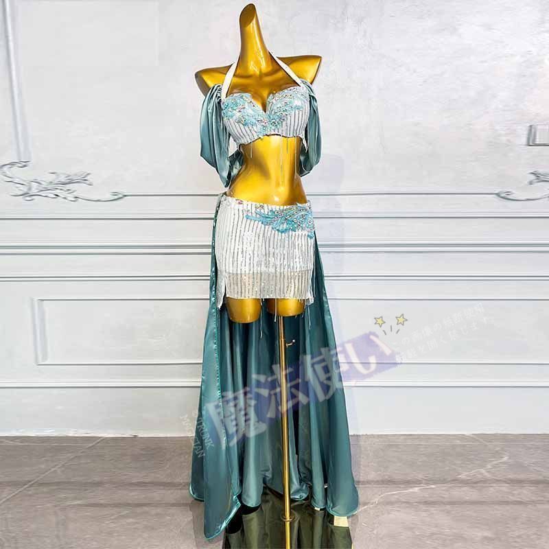 ベリーダンス ダンス衣装 セット ハロウィン コスプレ 仮装 パーティー 余興用 レッスン着 トップス ミニスカート(インナーパンツ付き) 外スカート３点セット 社交ダンス　発表会　ラテンダンス　演出　団体 忘年会 新年会　キラキラ きらきら CWF285