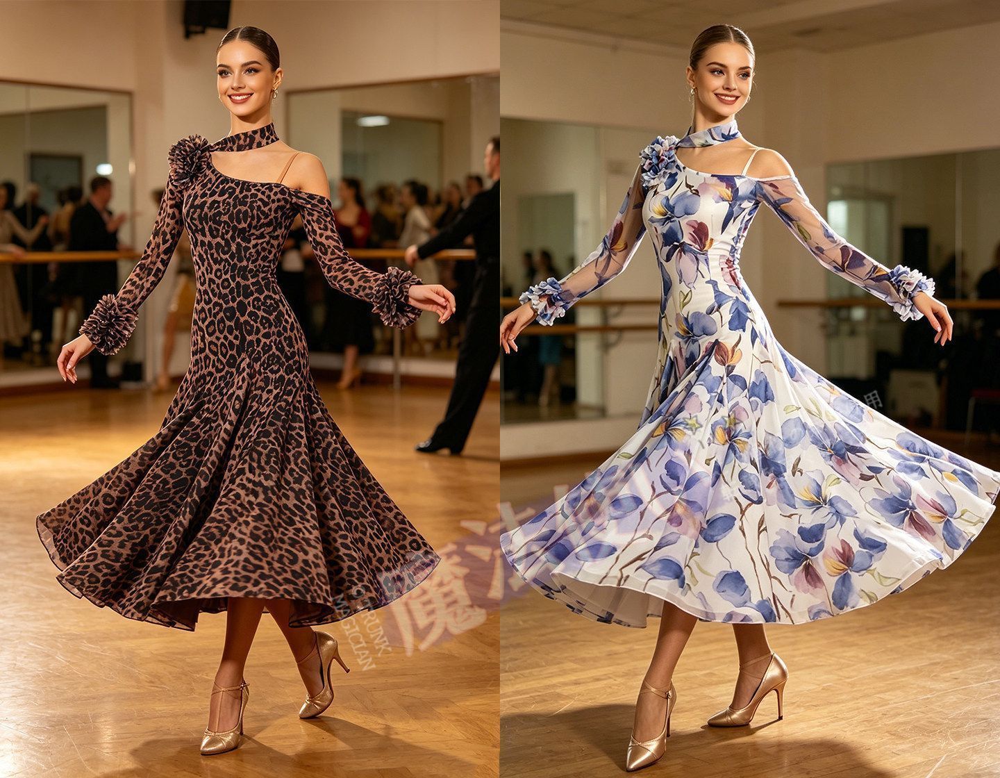 社交ダンスドレス モダンダンス ワルツドレス 花柄 ヒョウ柄 オフショルダー ロングドレス 発表会 ステージ衣装 レディース M~XL CWF091