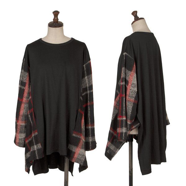 ヨウジヤマモトファムYohji Yamamoto FEMME 異素材チェック切替ドレープカットソー 黒赤白2