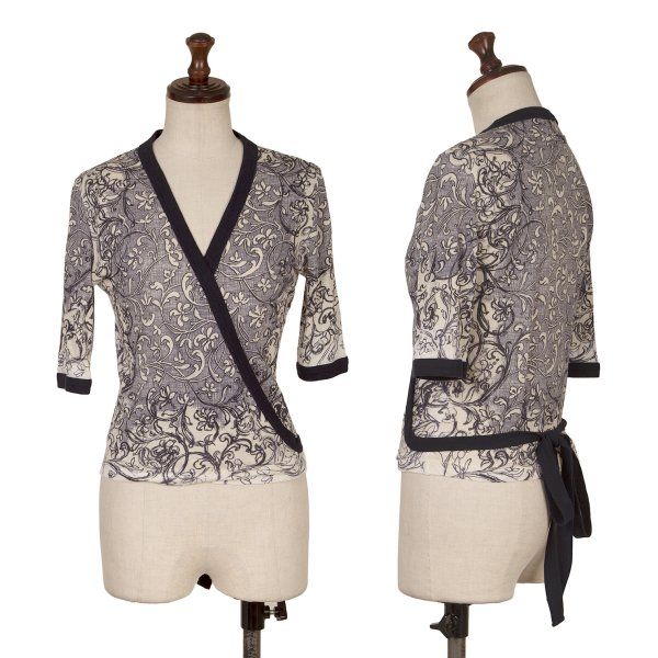 ジャンポールゴルチエファムJean Paul GAULTIER FEMME ボタニカルプリントストリング半袖カーディガン 紺クリーム白40