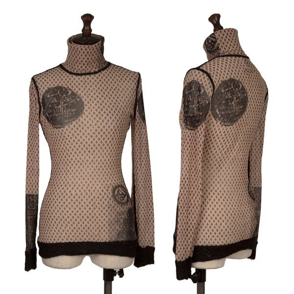 ジャンポールゴルチエファムJean Paul GAULTIER FEMME 総柄プリントタートルネックパワーネットカットソー ベージュ茶黒40