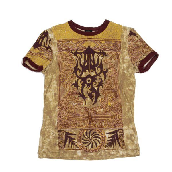 ジャンポールゴルチエオムJean Paul GAULTIER HOMME トライバルプリント半袖リンガーTシャツ マスタードボルドー48